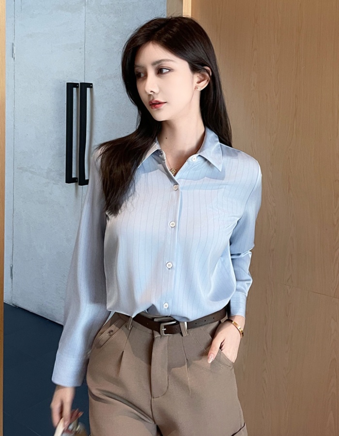 Satin stripe autumn tops commuting temperament shirt for women
