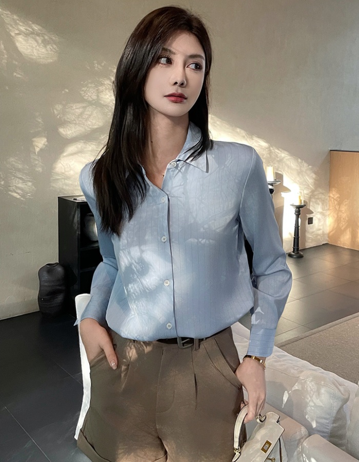 Satin stripe autumn tops commuting temperament shirt for women