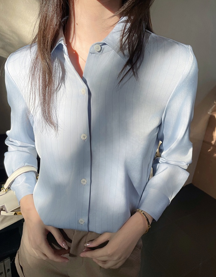 Satin stripe autumn tops commuting temperament shirt for women