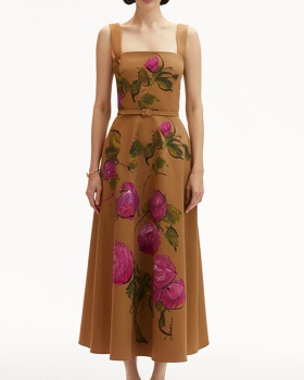 Square collar belt long dress for women