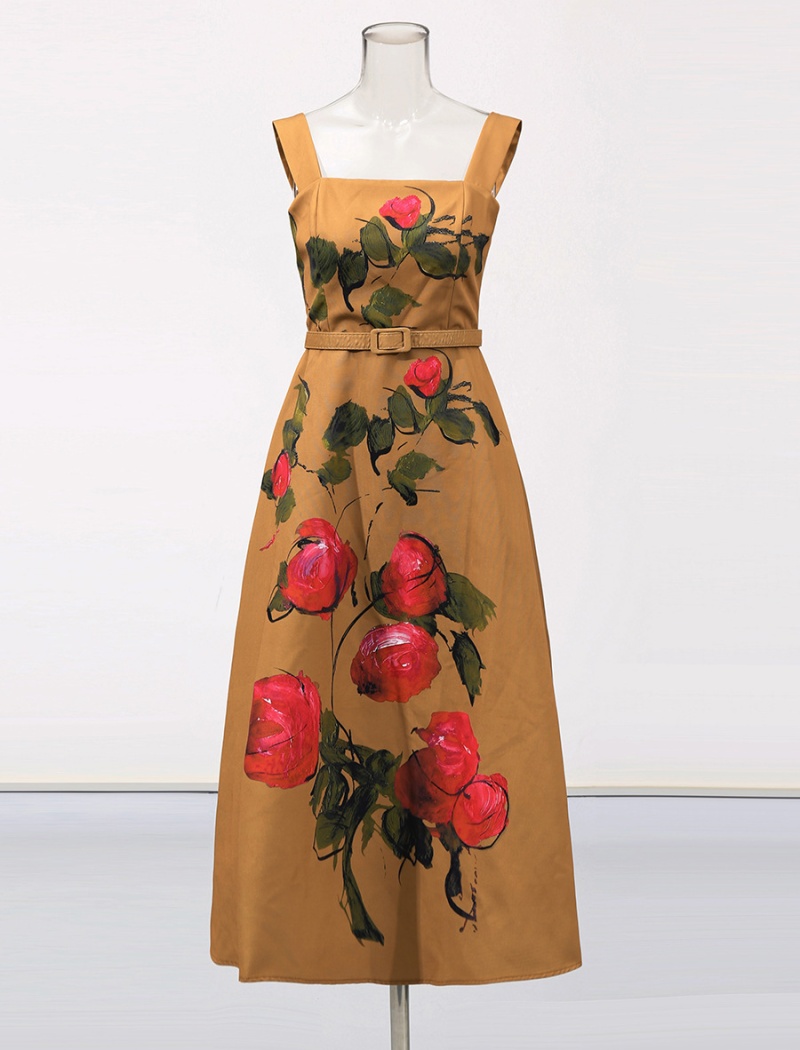 Square collar belt long dress for women