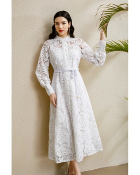 Lantern sleeve autumn cstand collar lace court style dress