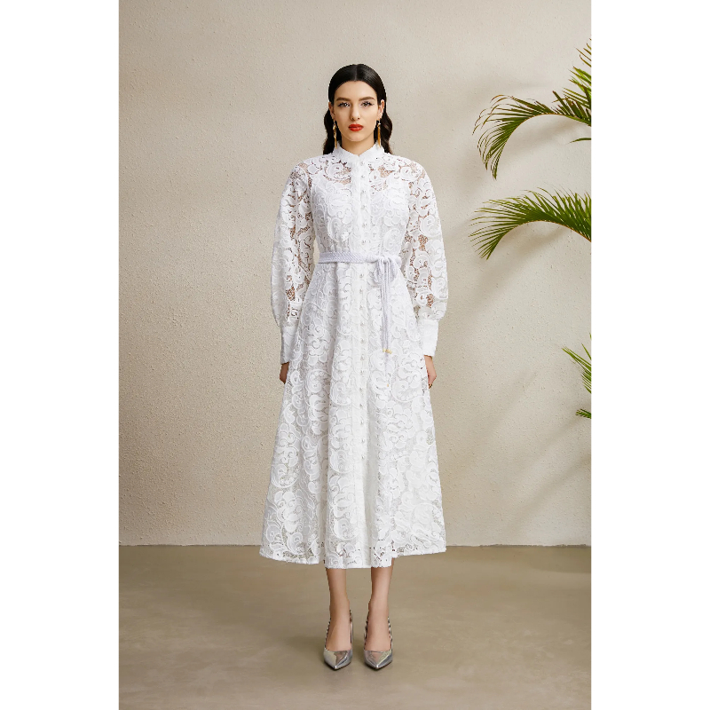 Lantern sleeve autumn cstand collar lace court style dress