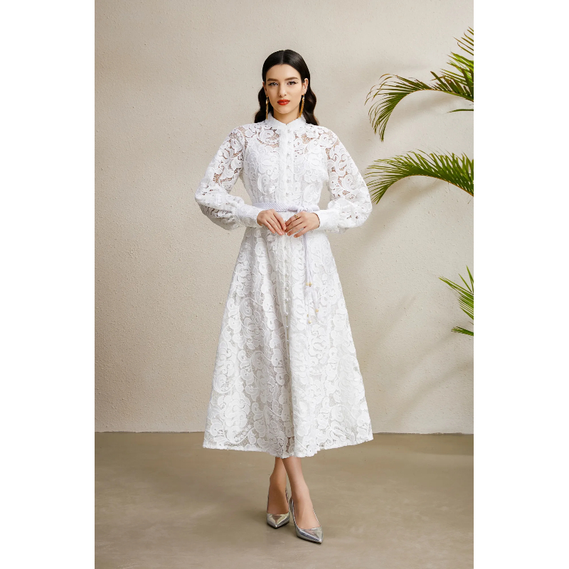 Lantern sleeve autumn cstand collar lace court style dress