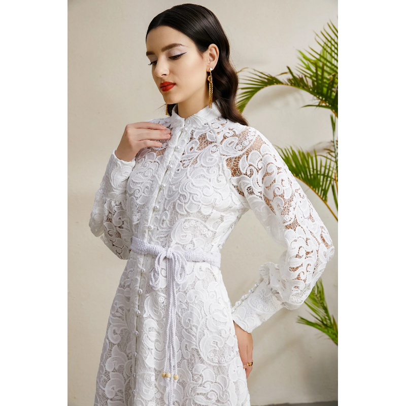 Lantern sleeve autumn cstand collar lace court style dress