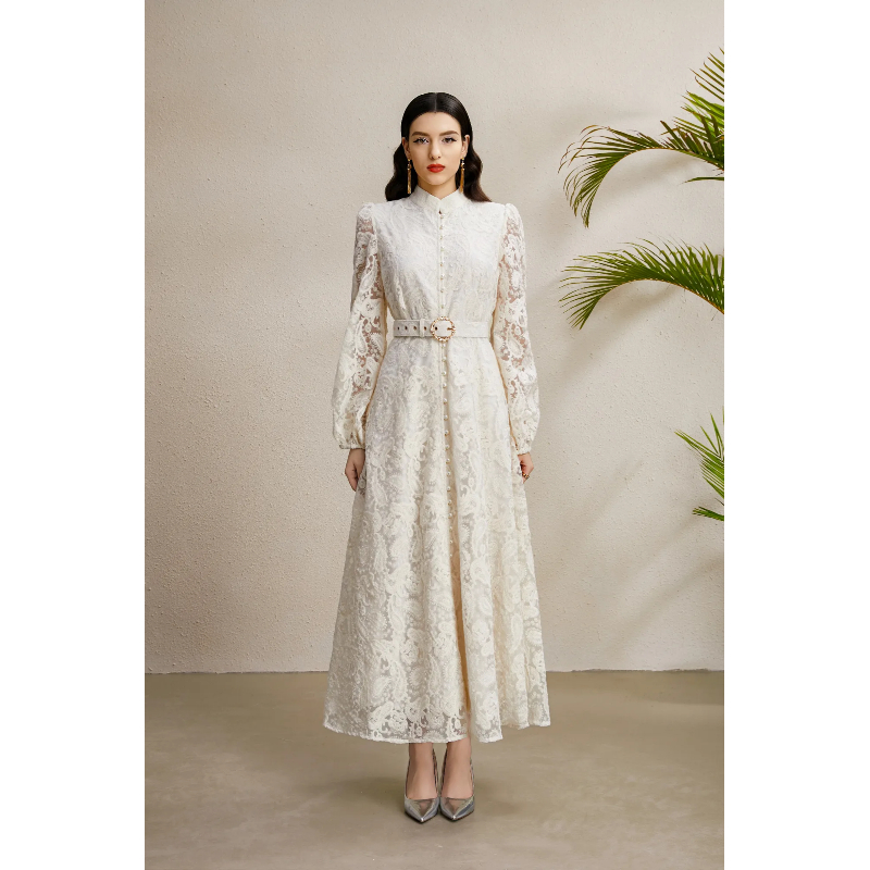 Lantern sleeve autumn stereoscopic lace cstand collar dress