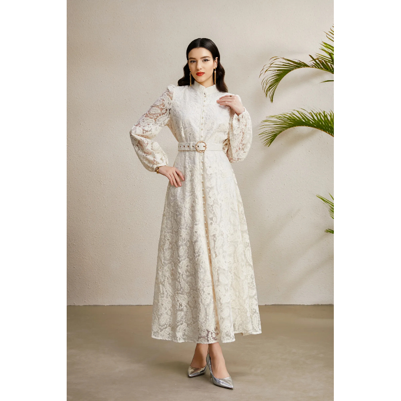 Lantern sleeve autumn stereoscopic lace cstand collar dress