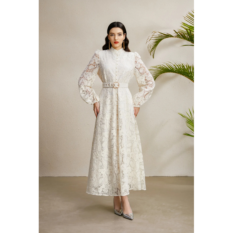 Lantern sleeve autumn stereoscopic lace cstand collar dress