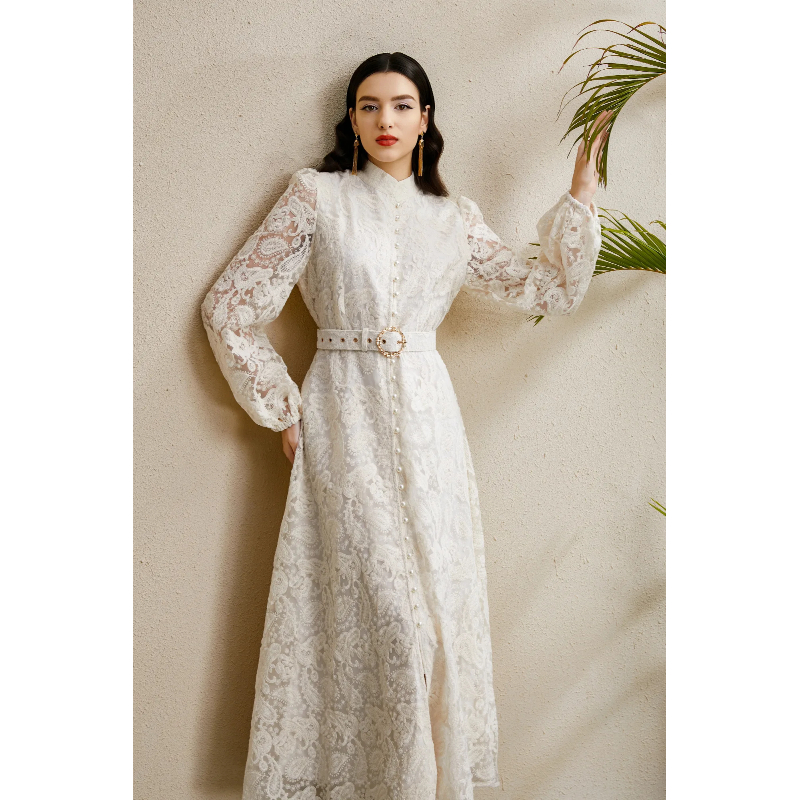Lantern sleeve autumn stereoscopic lace cstand collar dress
