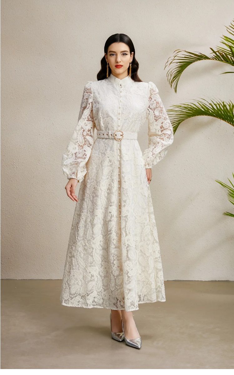 Lantern sleeve autumn stereoscopic lace cstand collar dress