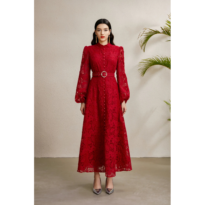Stereoscopic cstand collar lace autumn dress