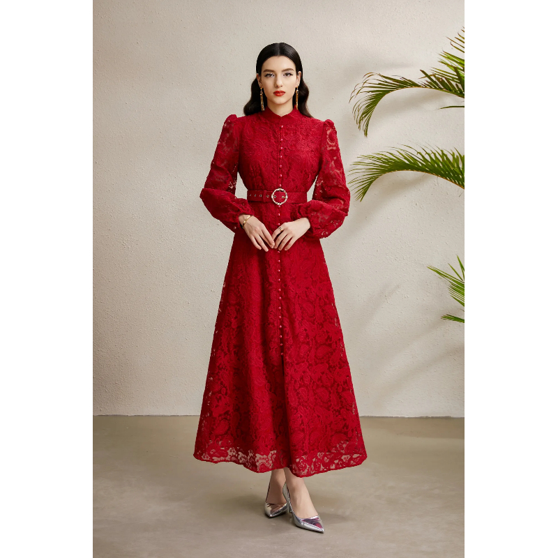Stereoscopic cstand collar lace autumn dress