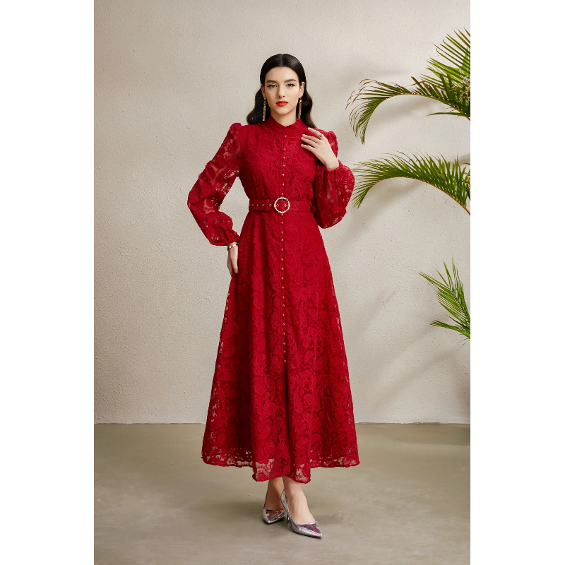 Stereoscopic cstand collar lace autumn dress