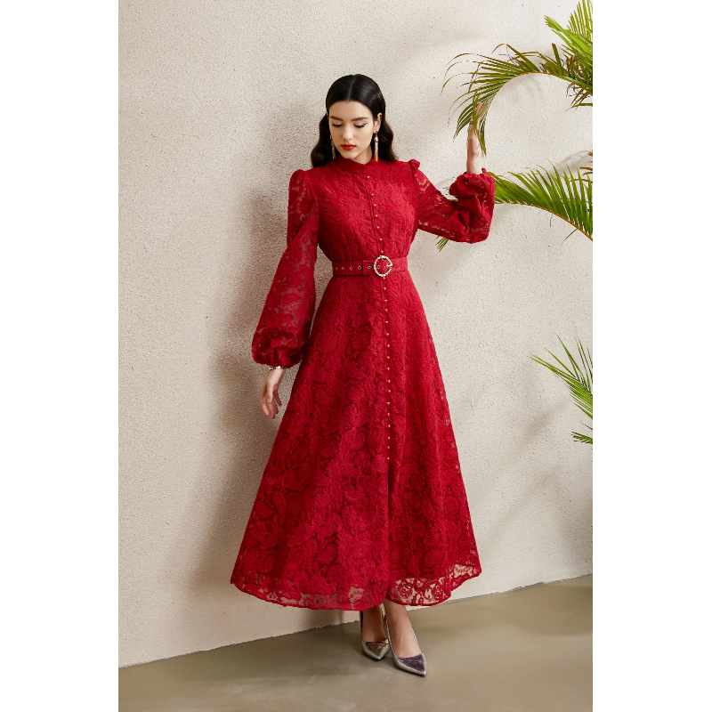 Stereoscopic cstand collar lace autumn dress