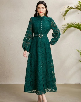 Court style lantern sleeve cstand collar lace dress