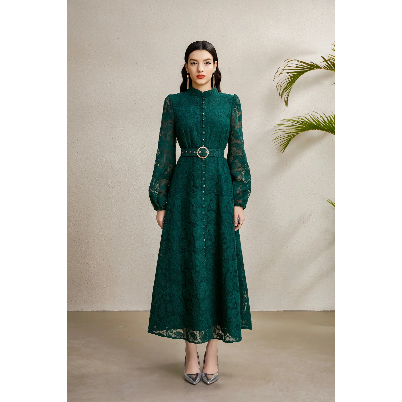 Court style lantern sleeve cstand collar lace dress