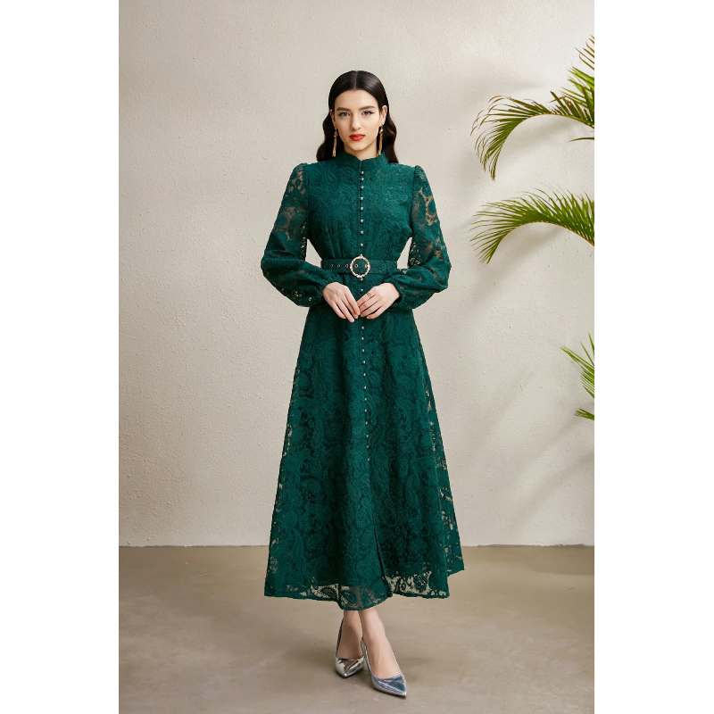 Court style lantern sleeve cstand collar lace dress