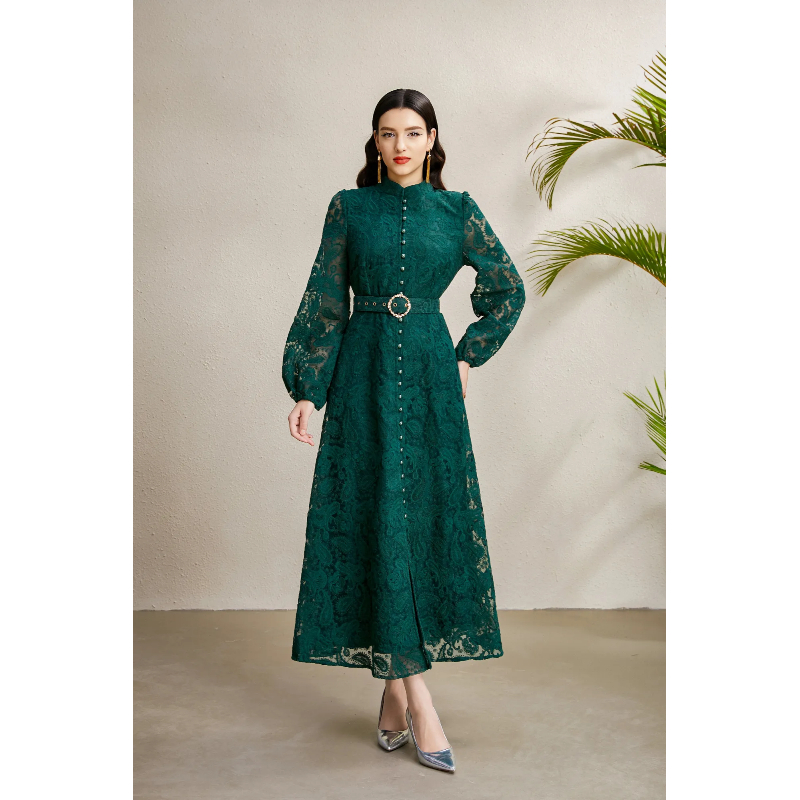 Court style lantern sleeve cstand collar lace dress