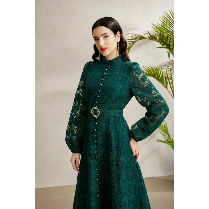 Court style lantern sleeve cstand collar lace dress