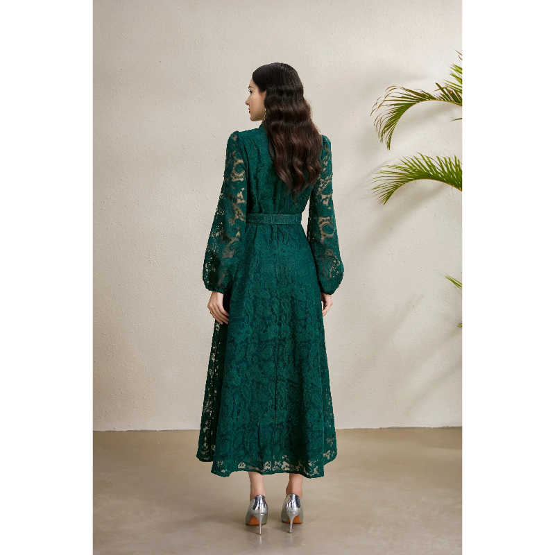 Court style lantern sleeve cstand collar lace dress
