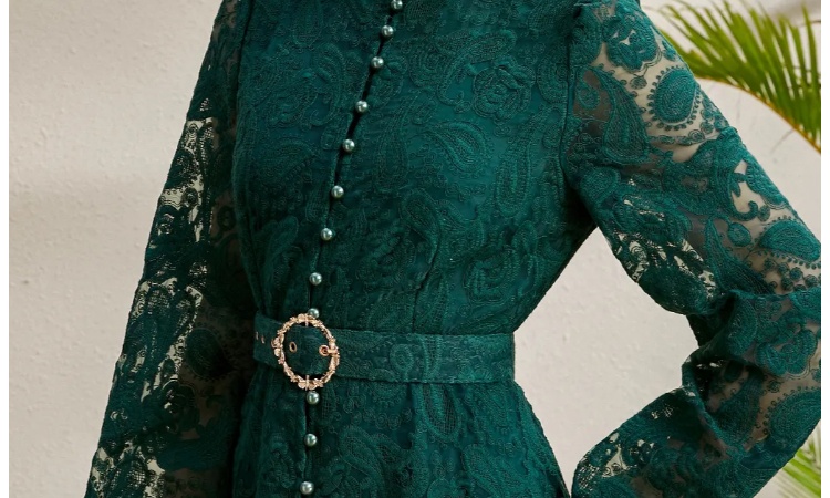 Court style lantern sleeve cstand collar lace dress