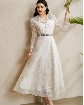 Autumn V-neck long lace rhinestone embroidery dress