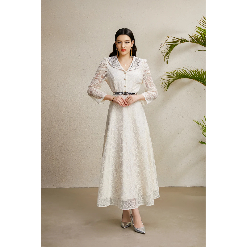 Autumn V-neck long lace rhinestone embroidery dress