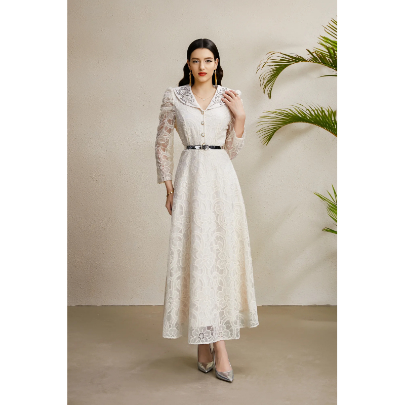 Autumn V-neck long lace rhinestone embroidery dress