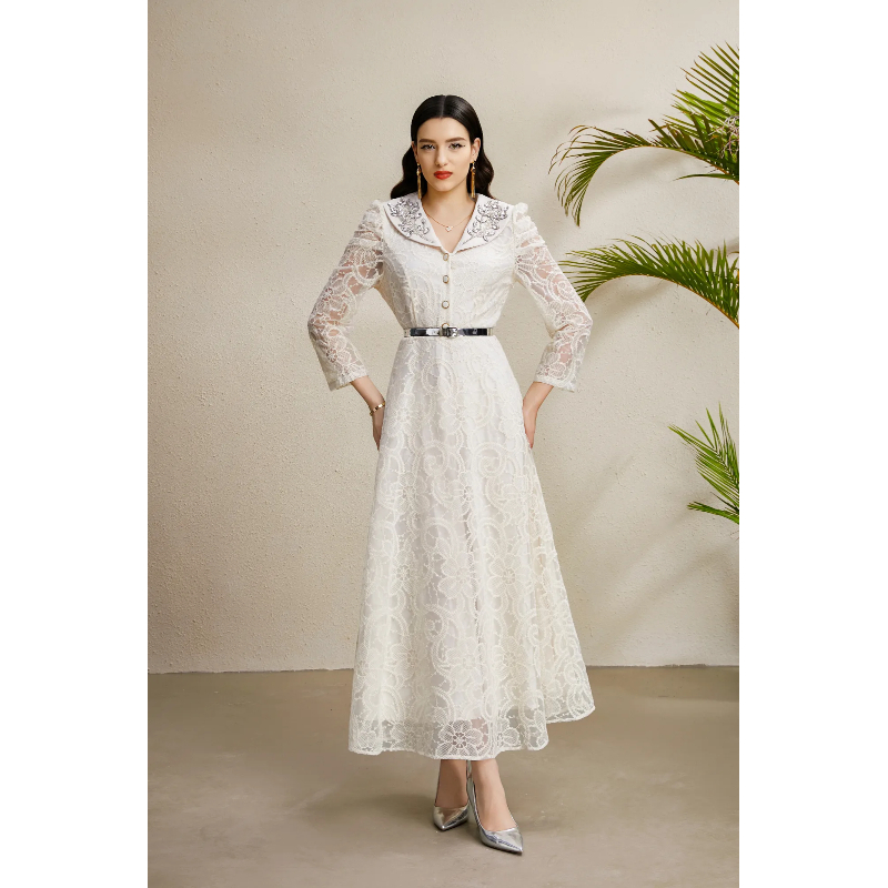 Autumn V-neck long lace rhinestone embroidery dress