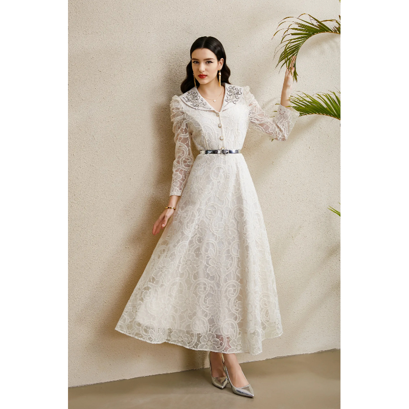 Autumn V-neck long lace rhinestone embroidery dress