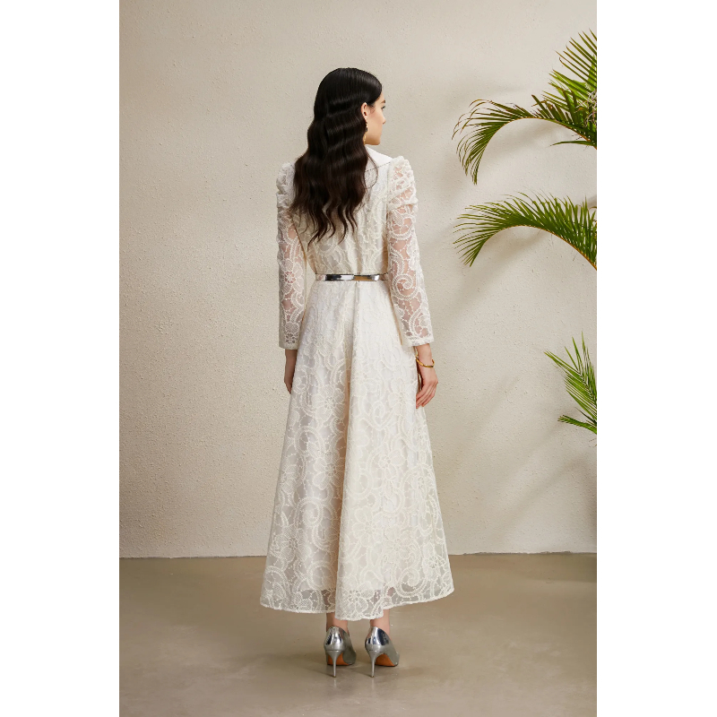 Autumn V-neck long lace rhinestone embroidery dress