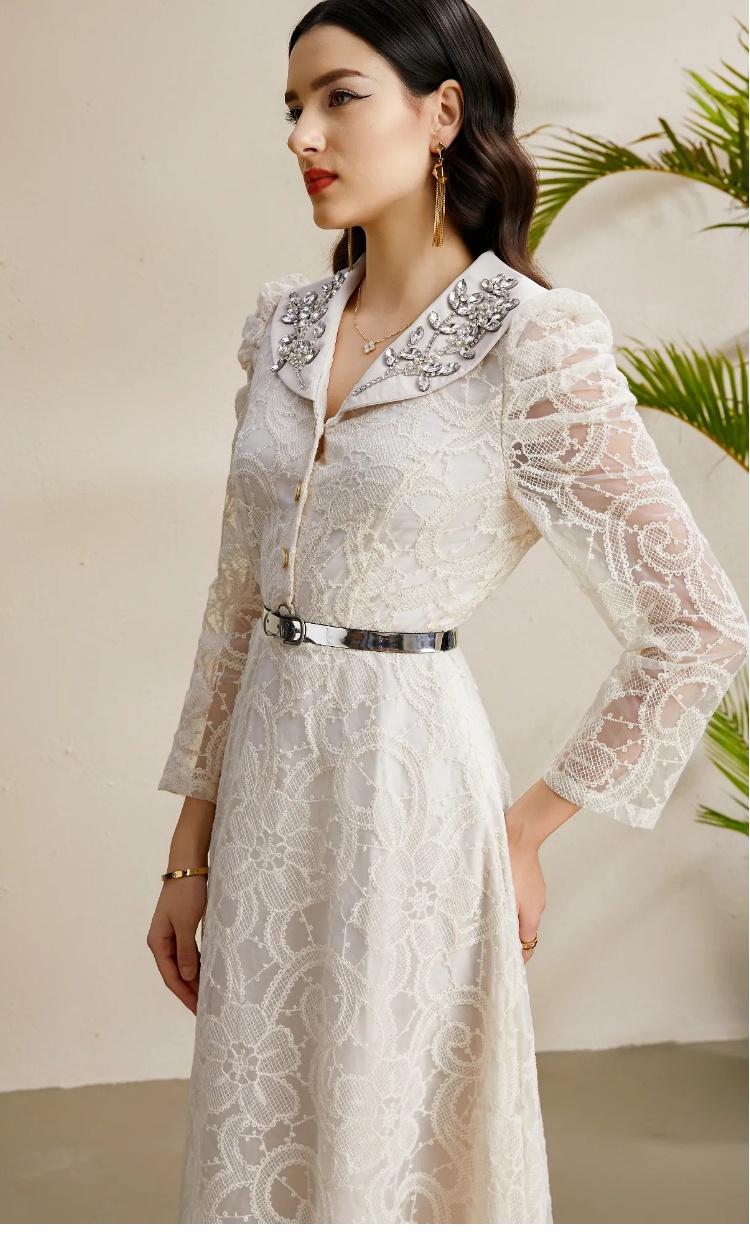 Autumn V-neck long lace rhinestone embroidery dress