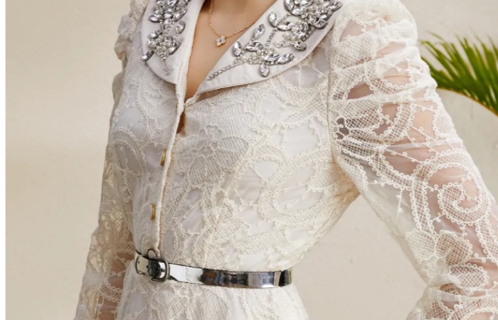 Autumn V-neck long lace rhinestone embroidery dress