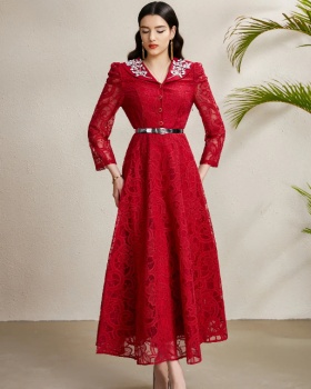 Lace V-neck autumn embroidery long rhinestone dress