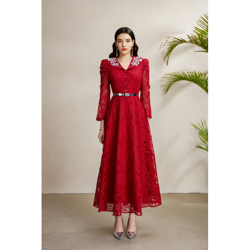 Lace V-neck autumn embroidery long rhinestone dress