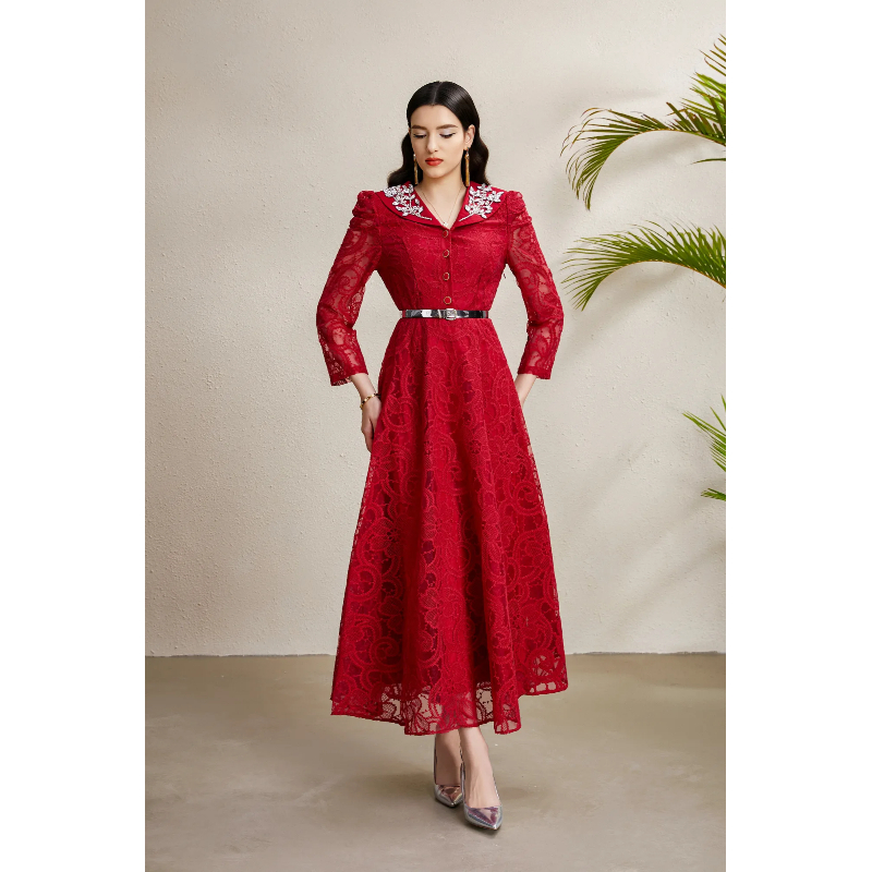 Lace V-neck autumn embroidery long rhinestone dress