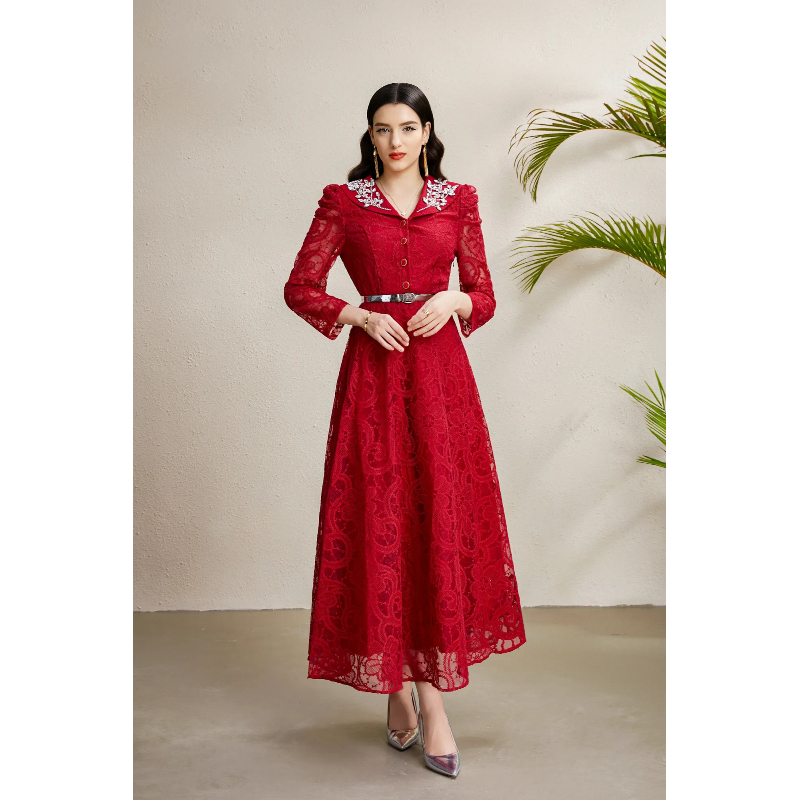 Lace V-neck autumn embroidery long rhinestone dress