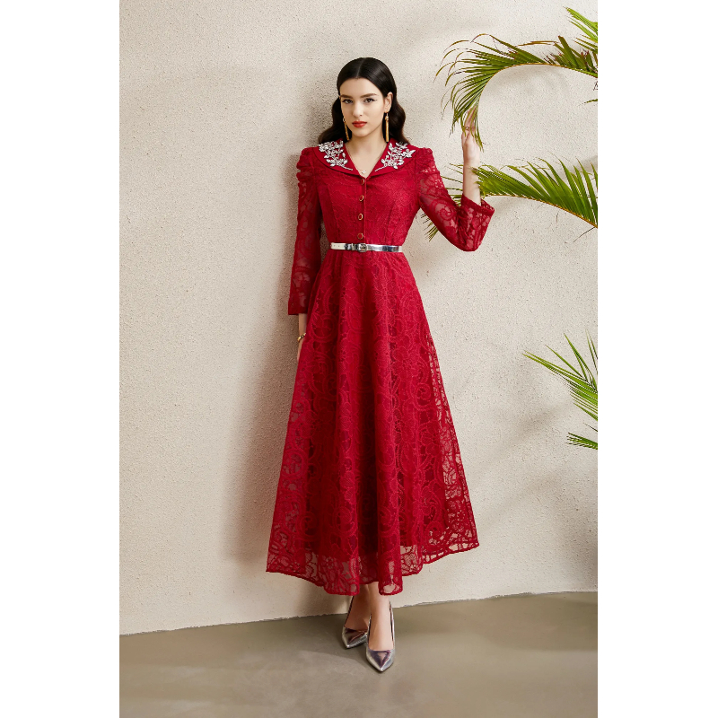 Lace V-neck autumn embroidery long rhinestone dress