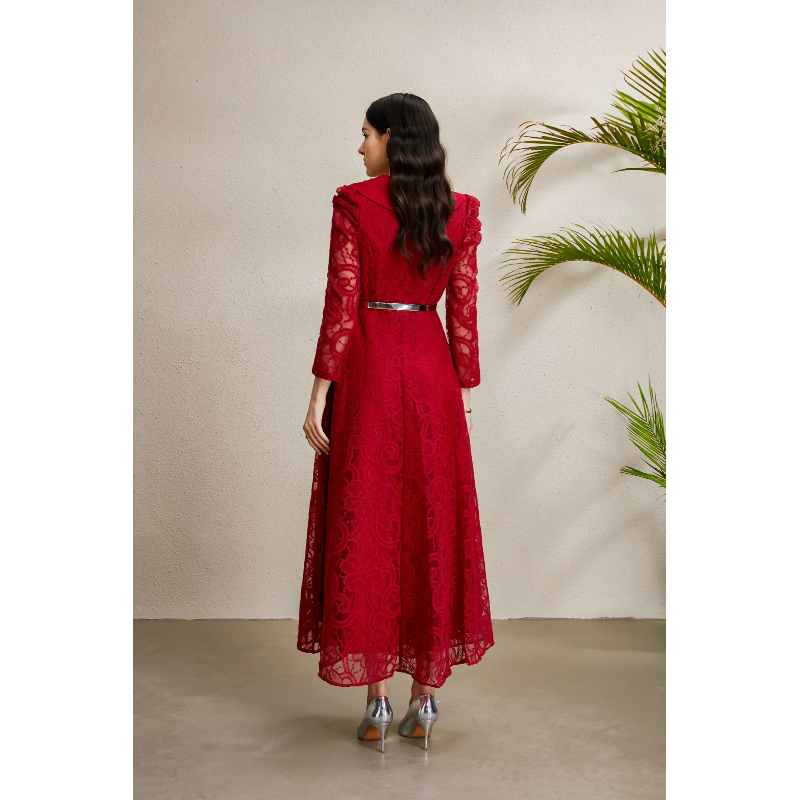 Lace V-neck autumn embroidery long rhinestone dress