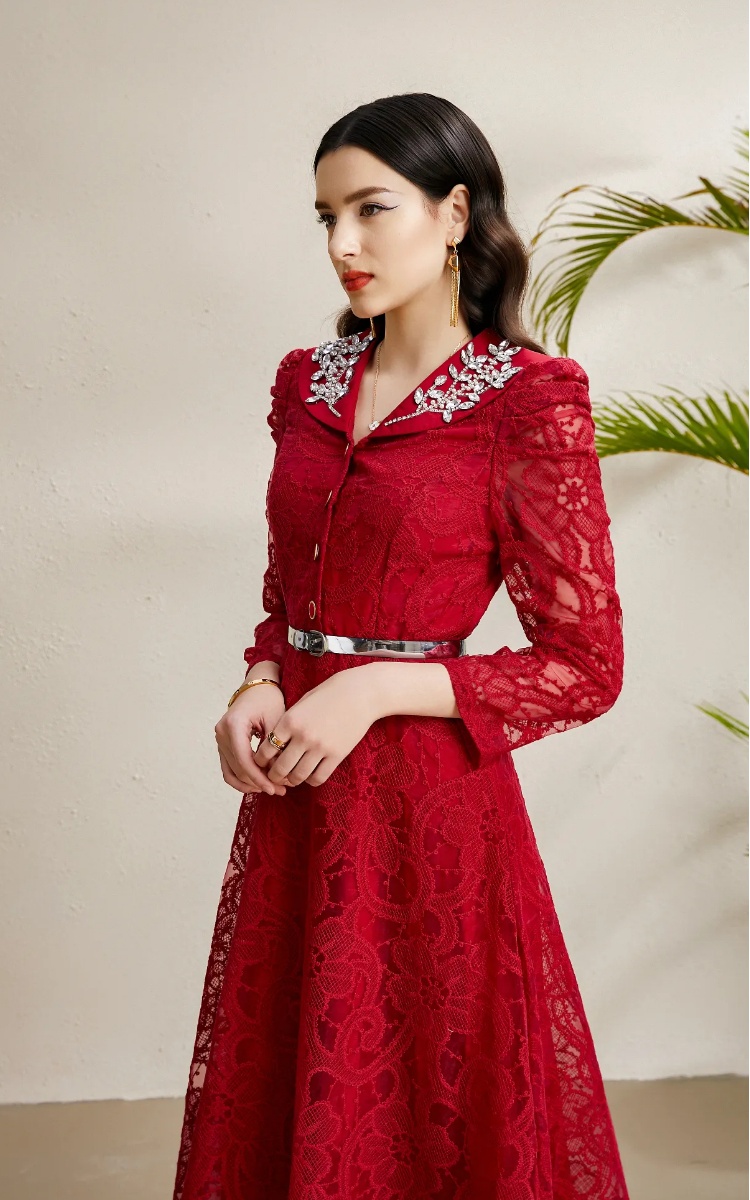 Lace V-neck autumn embroidery long rhinestone dress