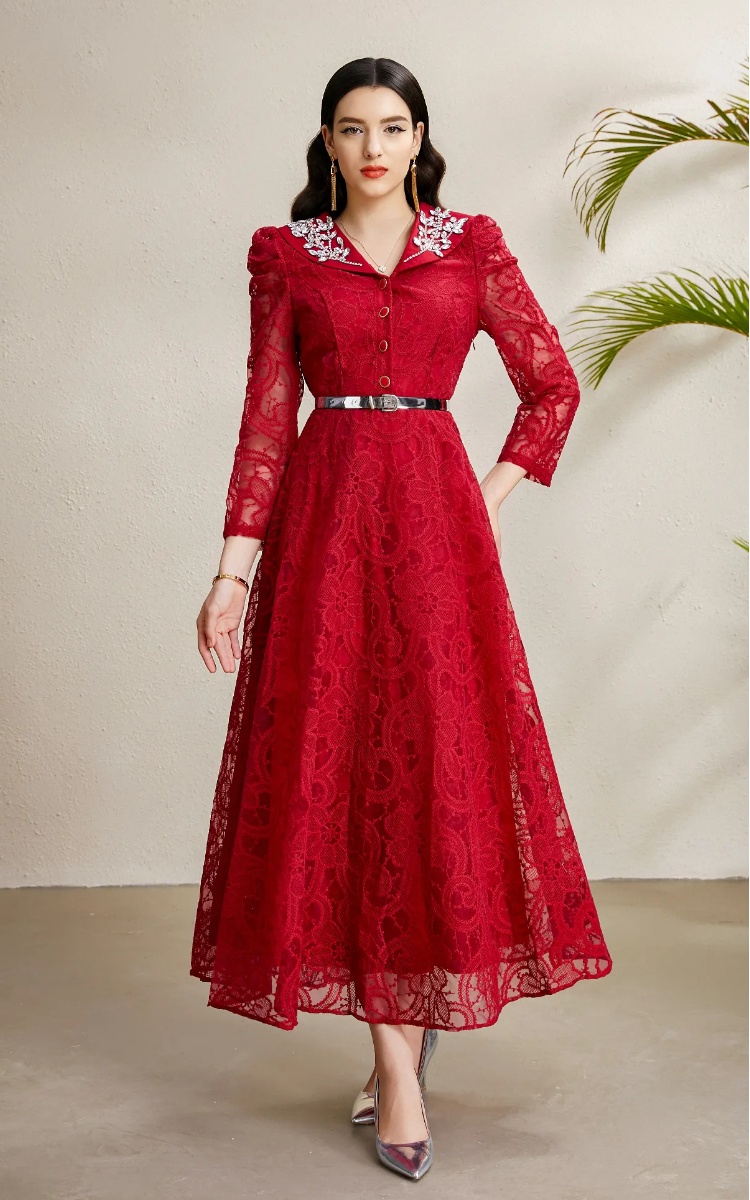 Lace V-neck autumn embroidery long rhinestone dress