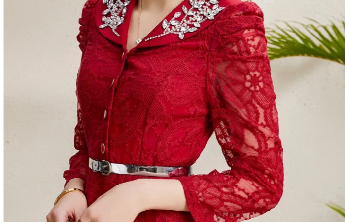 Lace V-neck autumn embroidery long rhinestone dress
