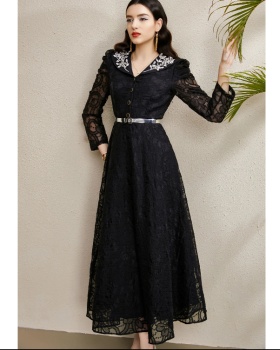 Autumn long embroidery lace V-neck rhinestone dress