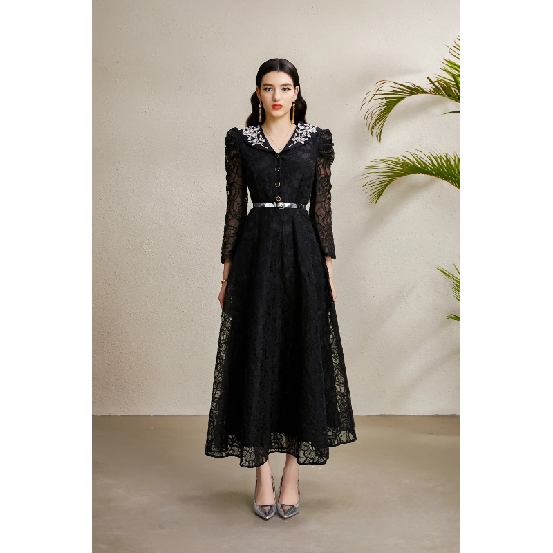 Autumn long embroidery lace V-neck rhinestone dress