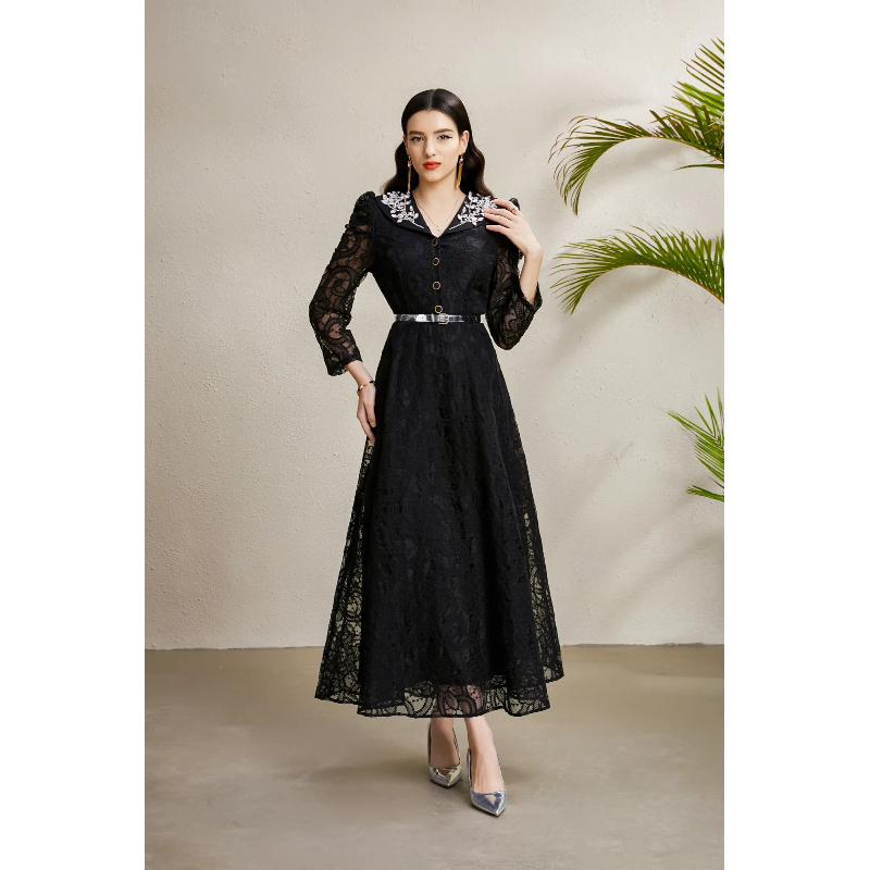 Autumn long embroidery lace V-neck rhinestone dress