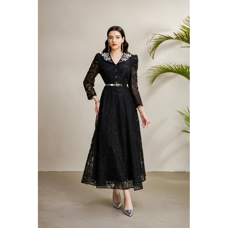 Autumn long embroidery lace V-neck rhinestone dress