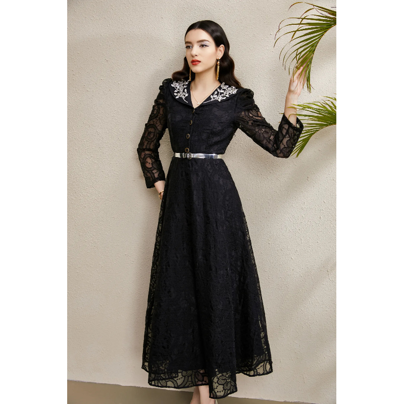 Autumn long embroidery lace V-neck rhinestone dress