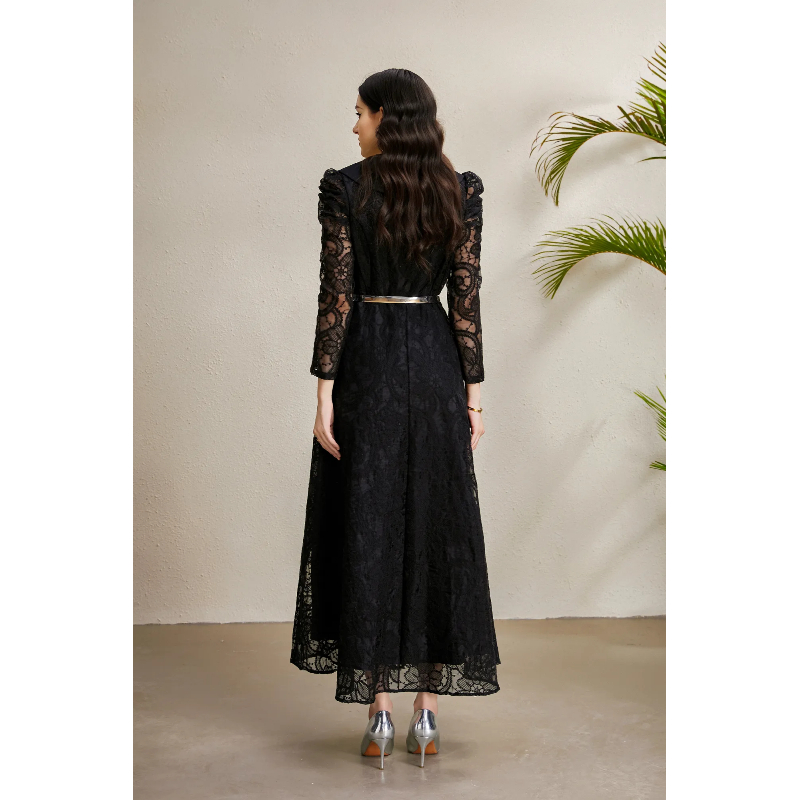 Autumn long embroidery lace V-neck rhinestone dress