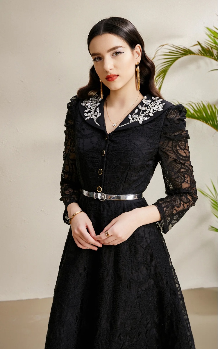 Autumn long embroidery lace V-neck rhinestone dress
