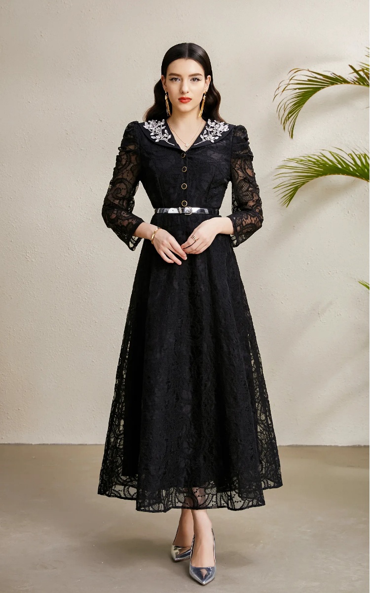 Autumn long embroidery lace V-neck rhinestone dress